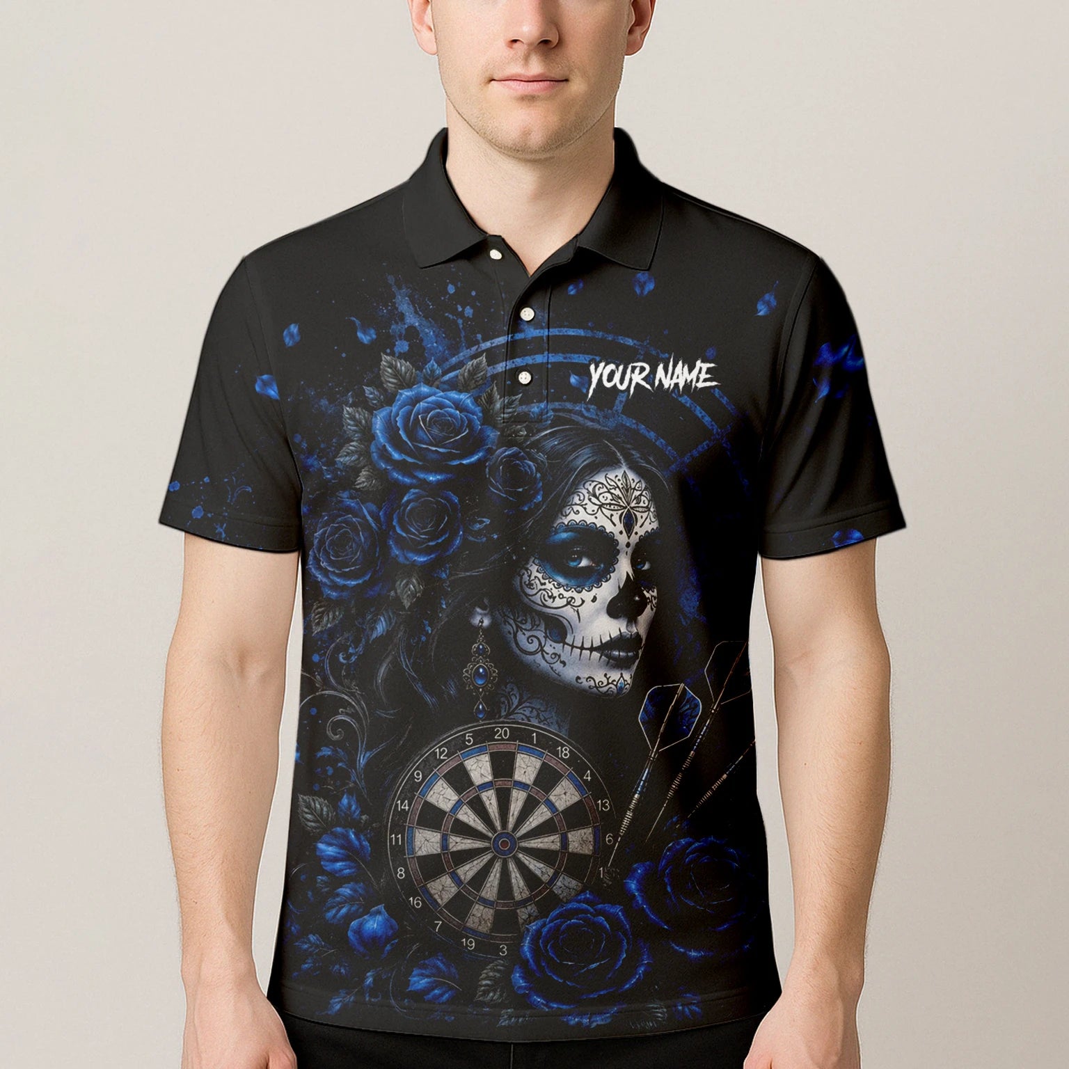 Personalisiertes Schwarz-blaues Sugar-Skull-Rosen-Dartshirt für Herren I884