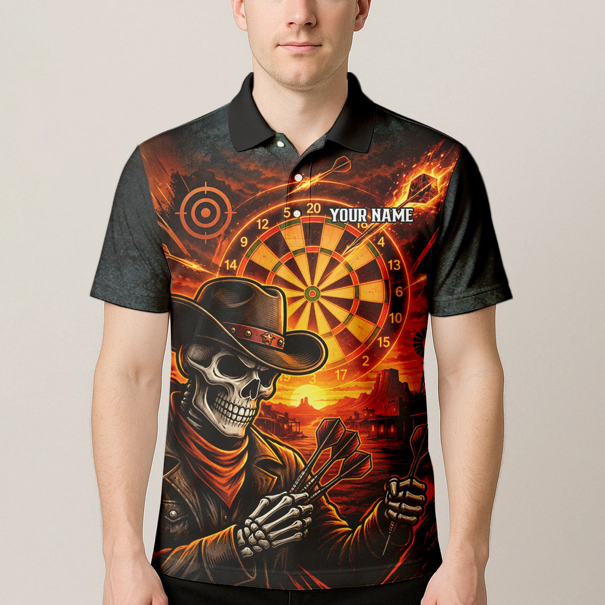 Personalisiertes Dartshirt in Schwarz und Orange mit Western-Cowboy-Totenkopf und Dartscheibe für Herren L8691