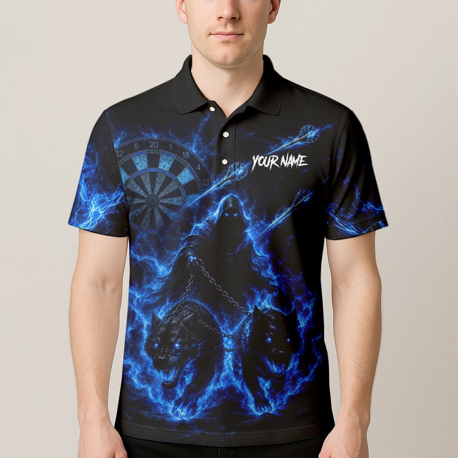 Personalisiertes Schwarz-blaues Sensenmann-und-Wölfe-Dartshirt für Herren X871