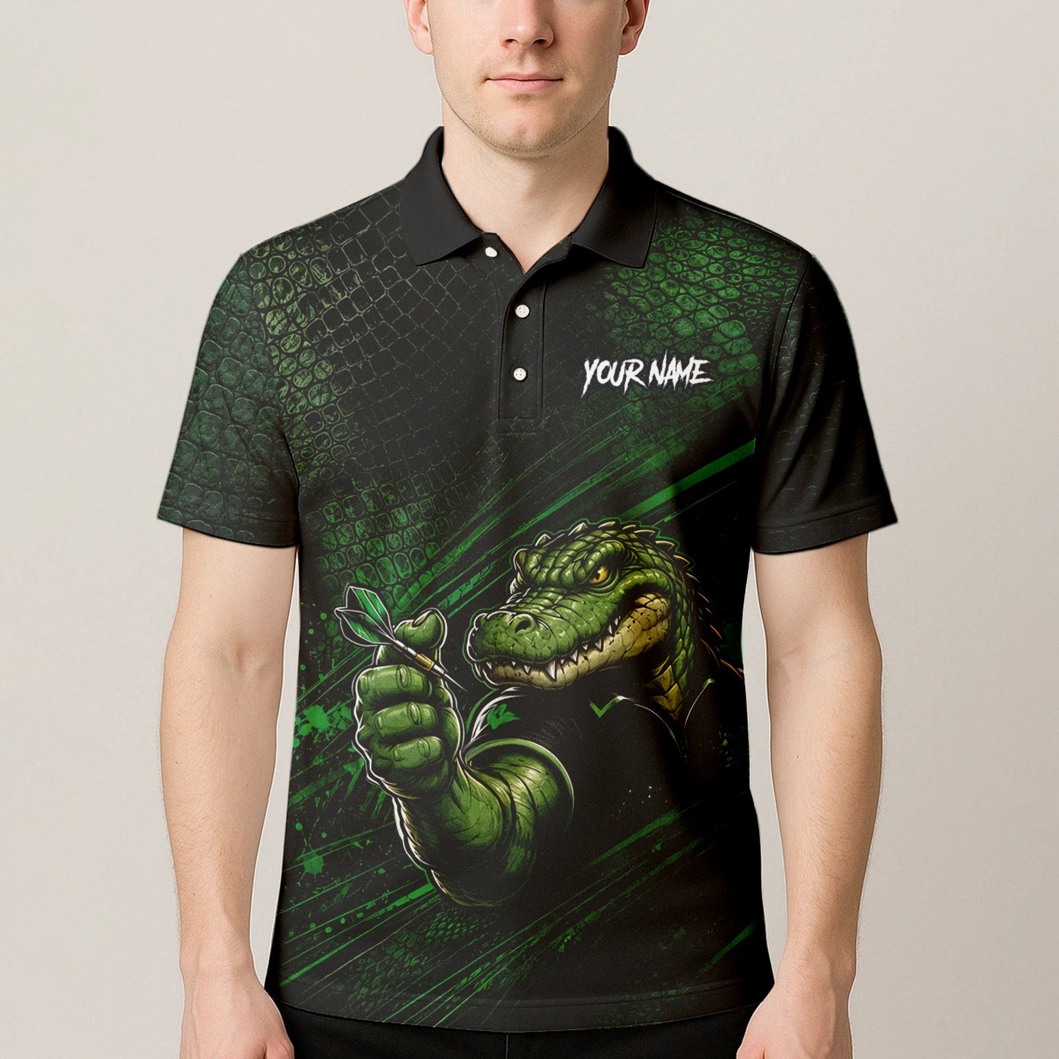 Personalisiertes Grün-schwarzes Alligator-Dartspieler-Dartshirt für Herren I987
