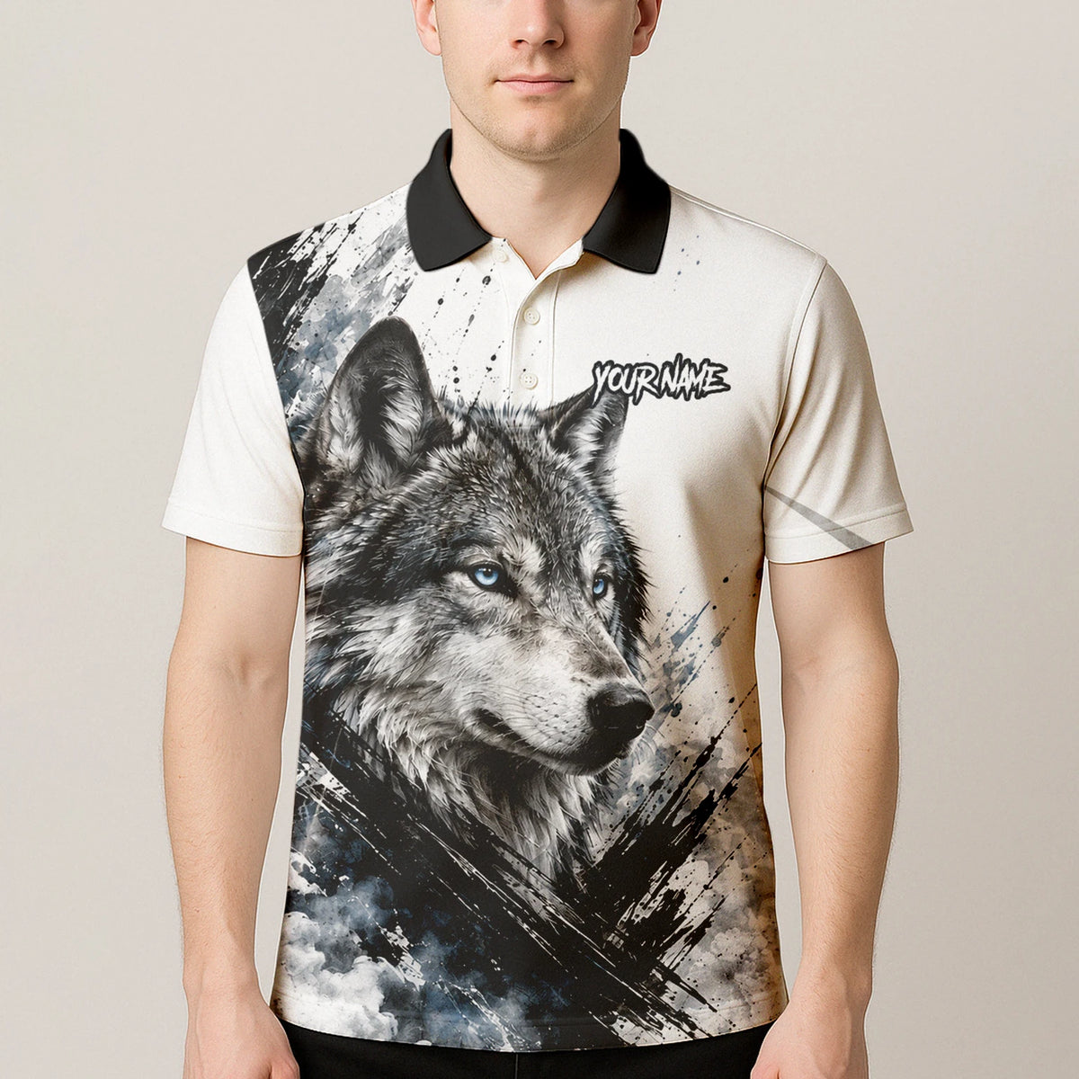 Personalisiertes Dartshirt mit weiß-schwarz-blauem Wolf für Herren P634