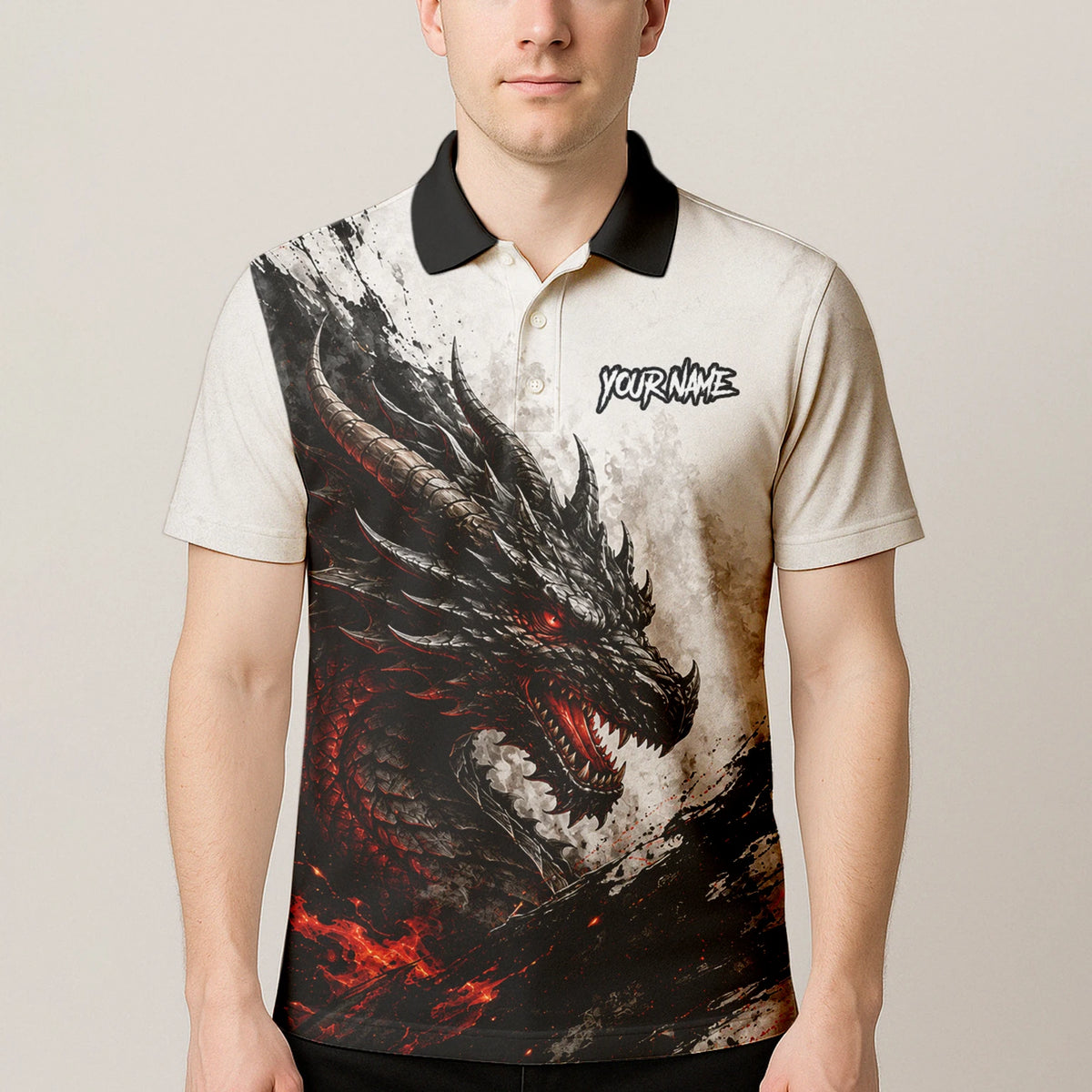 Personalisiertes Dartshirt mit weiß-schwarz-rotem Drachen für Herren Z061