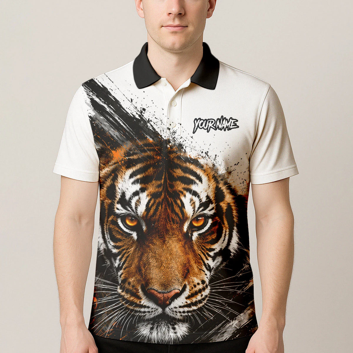 Personalisiertes Dartshirt mit weiß-schwarz-orangenem Tiger für Herren N832