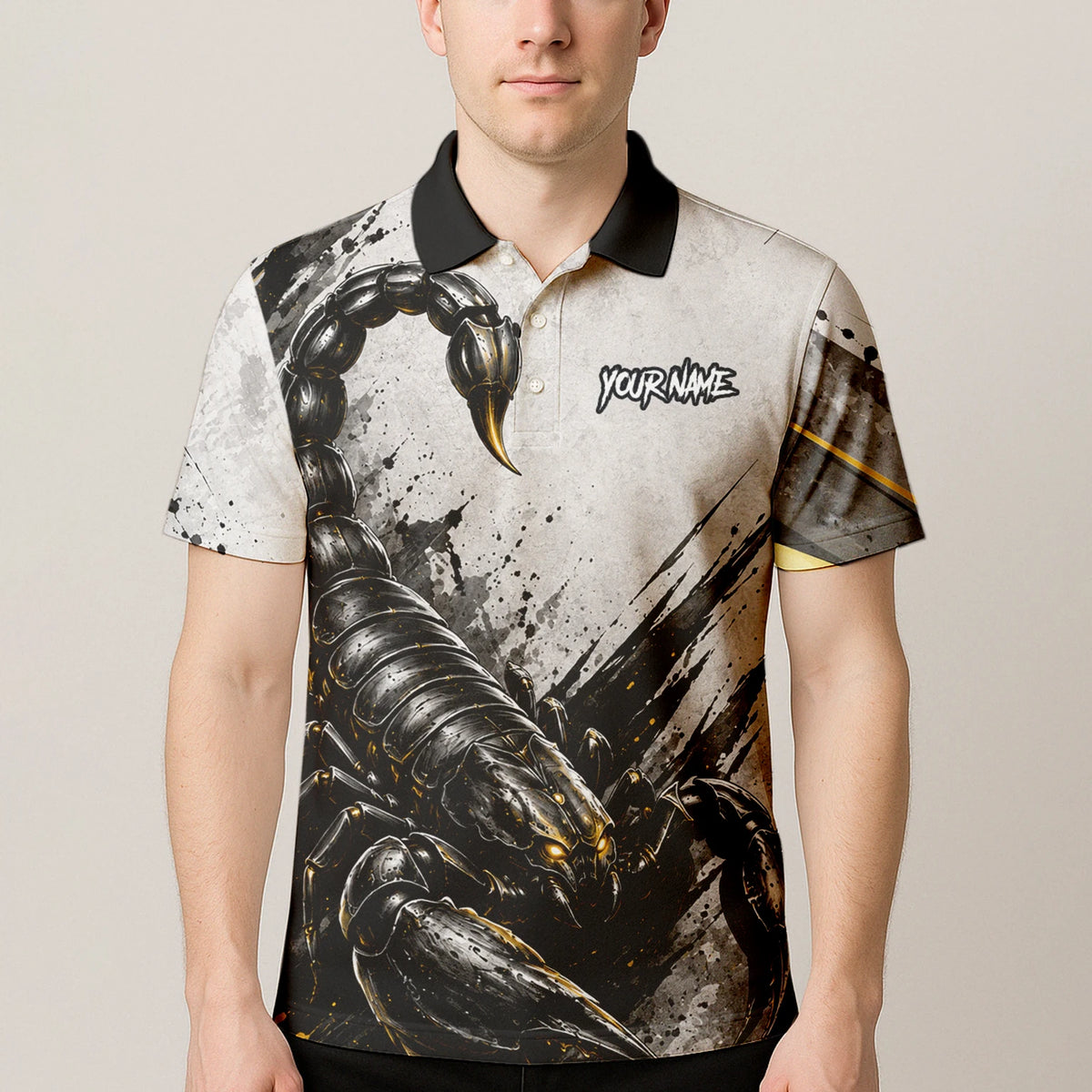 Personalisiertes Dartshirt mit weiß-schwarz-goldenem Skorpion für Herren S226