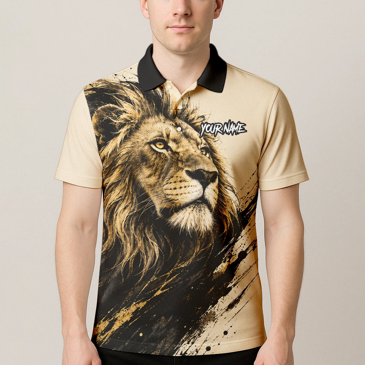 Personalisiertes Dartshirt mit creme-schwarz-goldenem Löwen für Herren Q209