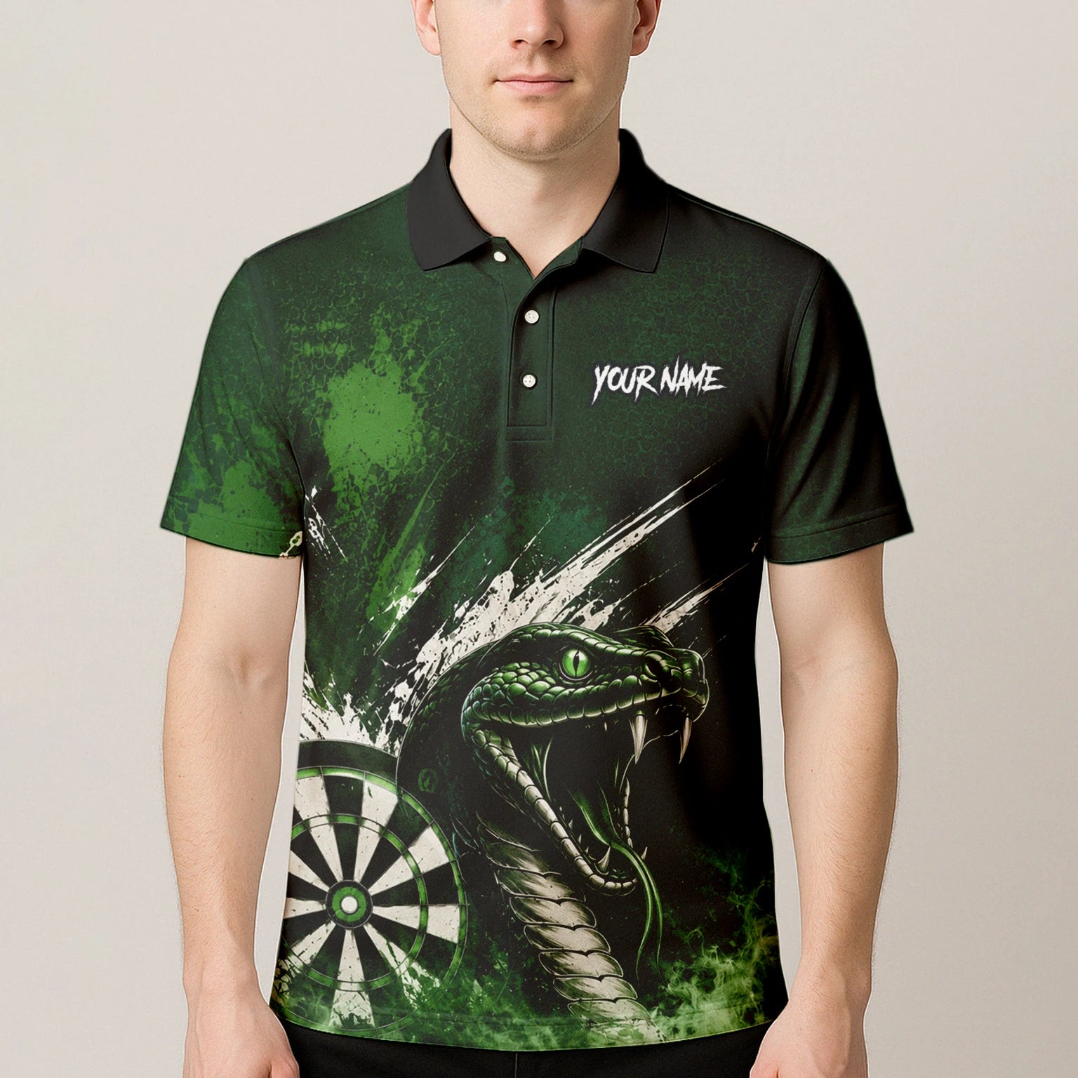 Personalisiertes Grün-schwarzes Kobra-Dartboard Dartshirt für Herren M244