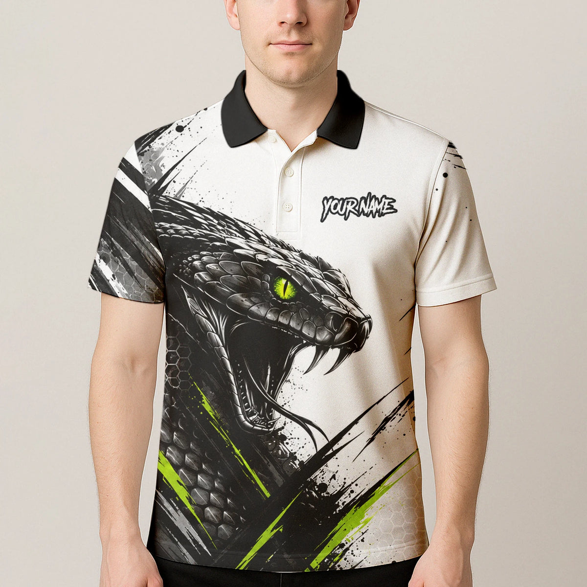 Personalisiertes Dartshirt mit weiß-schwarz-grüner Kobra für Herren I051