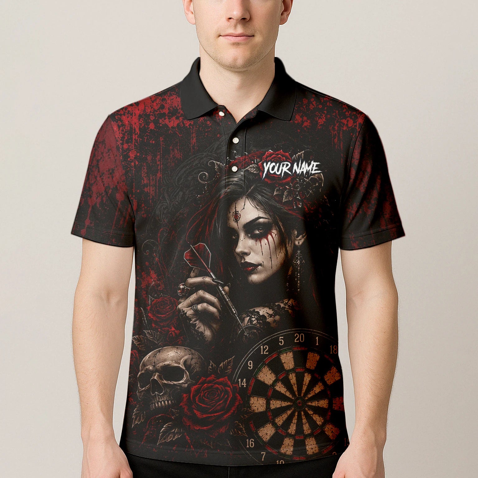 Personalisiertes Schwarz-rotes Gothic-Frauen-Totenkopf-Dartshirt für Herren W035