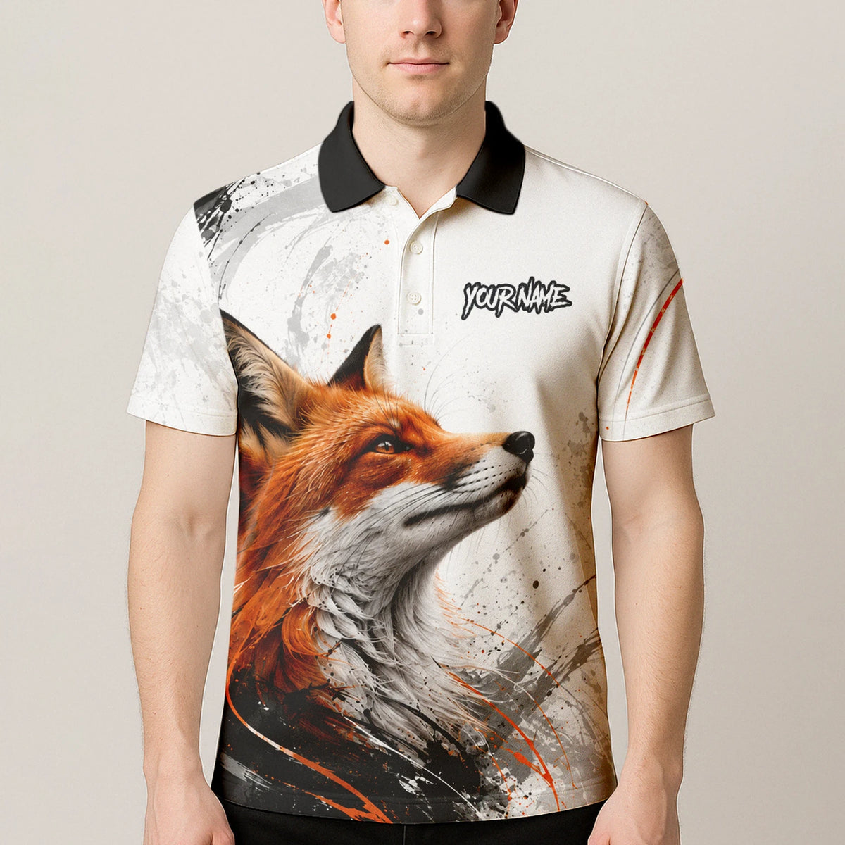 Personalisiertes Dartshirt mit weiß-schwarz-orangenem Fuchs für Herren D228