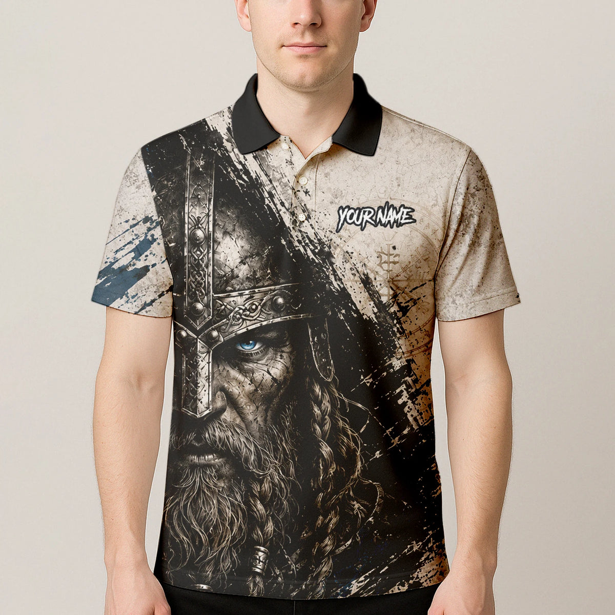 Personalisiertes Dartshirt mit weiß-schwarz-blauem Wikinger für Herren U843