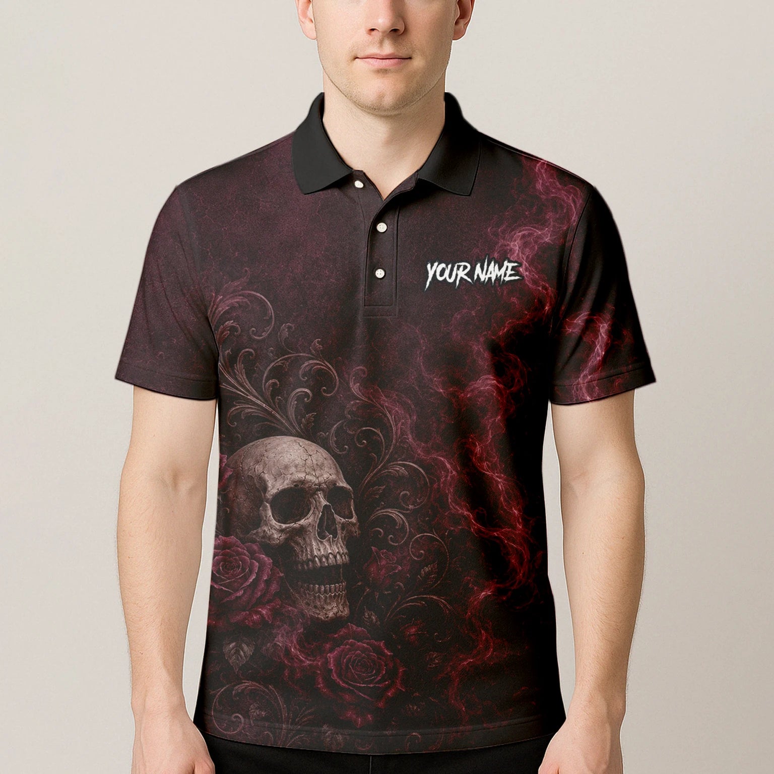 Personalisiertes Dunkelrot-schwarzes Totenkopf-Rosen-Dartshirt für Herren U786