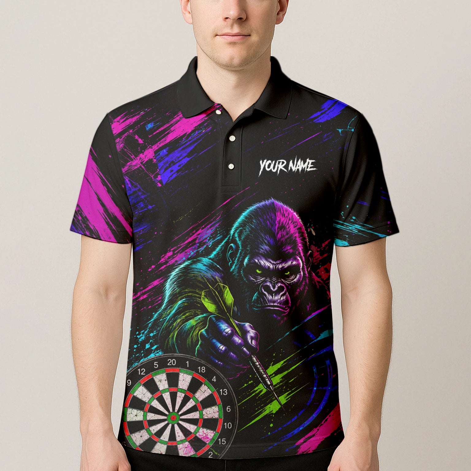 Personalisiertes Schwarz-pink-lila Gorilla-Dartshirt für Herren U874