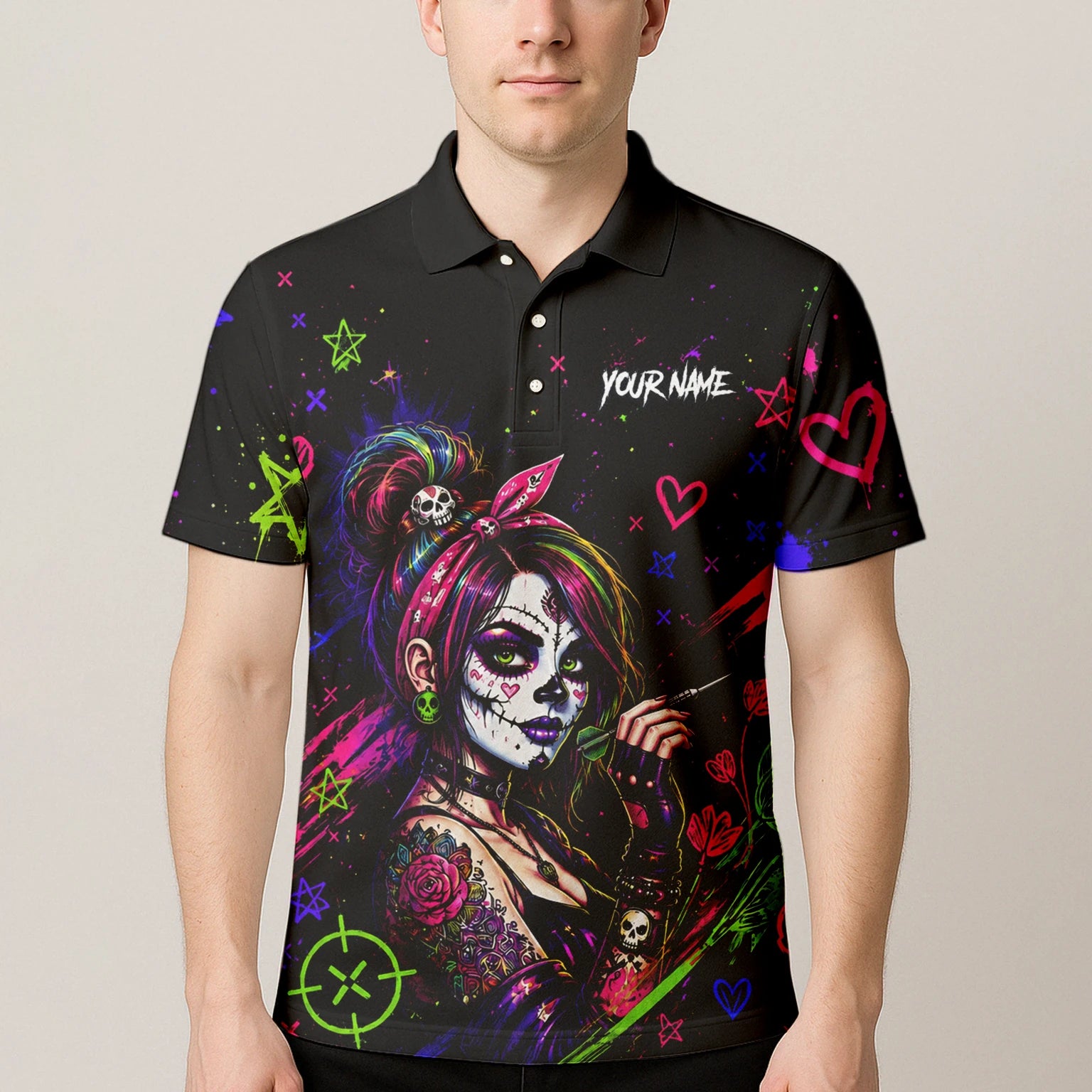 Personalisiertes Schwarz-neonfarbenes Sugar-Skull-Frauen-Dartshirt für Herren K745