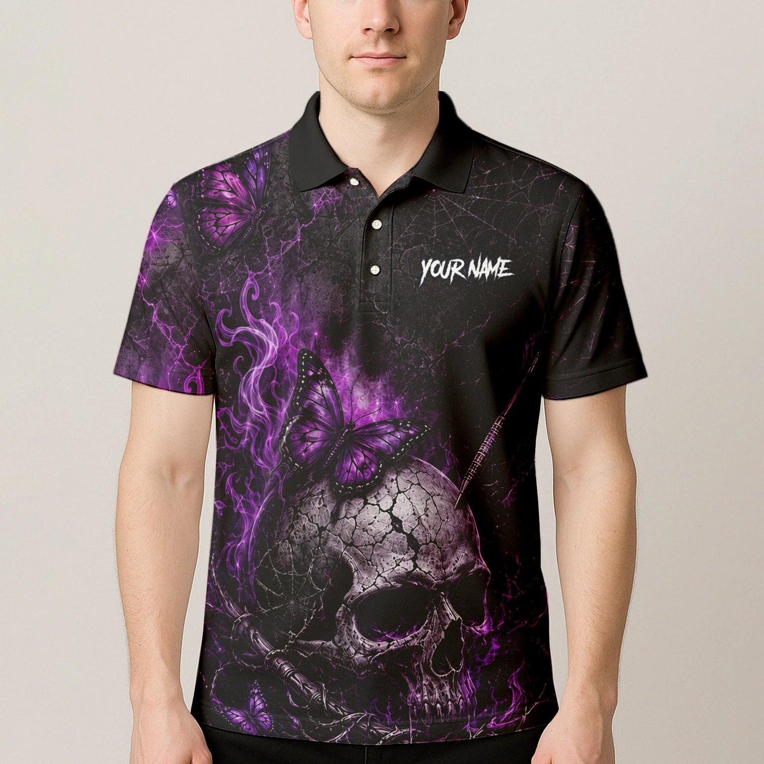 Personalisiertes Schwarz-lila Totenkopf-Schmetterling-Dartshirt für Herren Q241