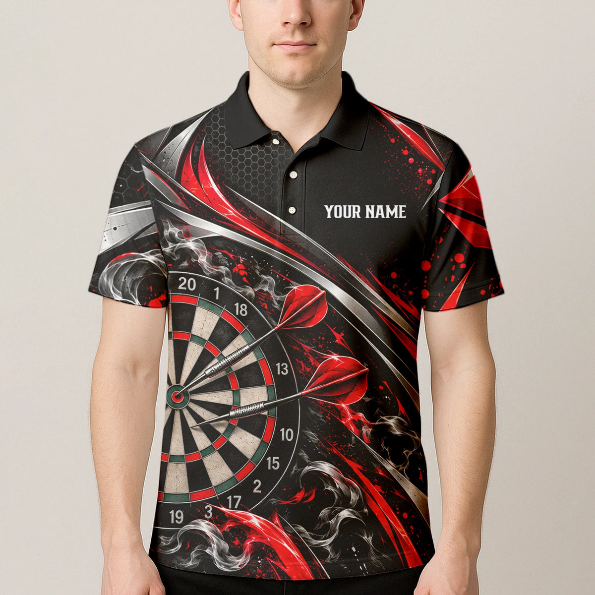Personalisiertes Dartshirt in Schwarz, Rot und Silber mit geschwungenen Linien und Dartscheibe für Herren L9172
