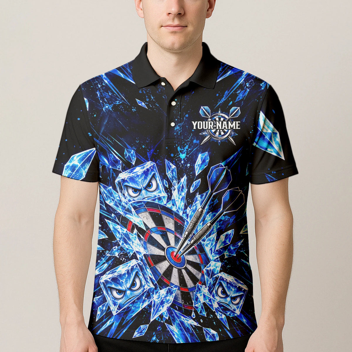Personalisiertes Dartshirt in Schwarz und Blau mit Eiskristallen, Dartpfeilen und Dartscheibe für Herren X5114