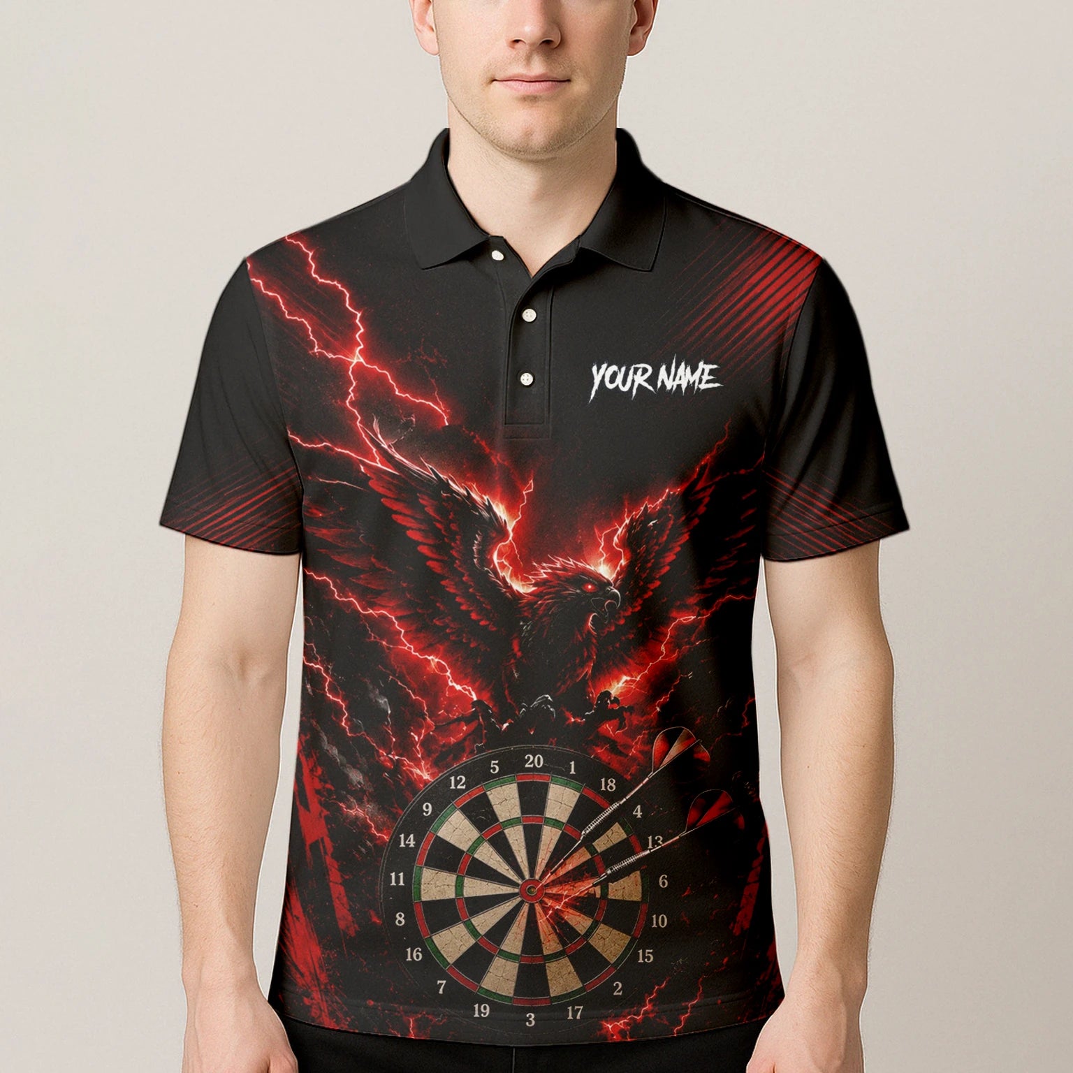 Personalisiertes Schwarz-rotes Phönix-Blitz-Dartboard Dartshirt für Herren J120
