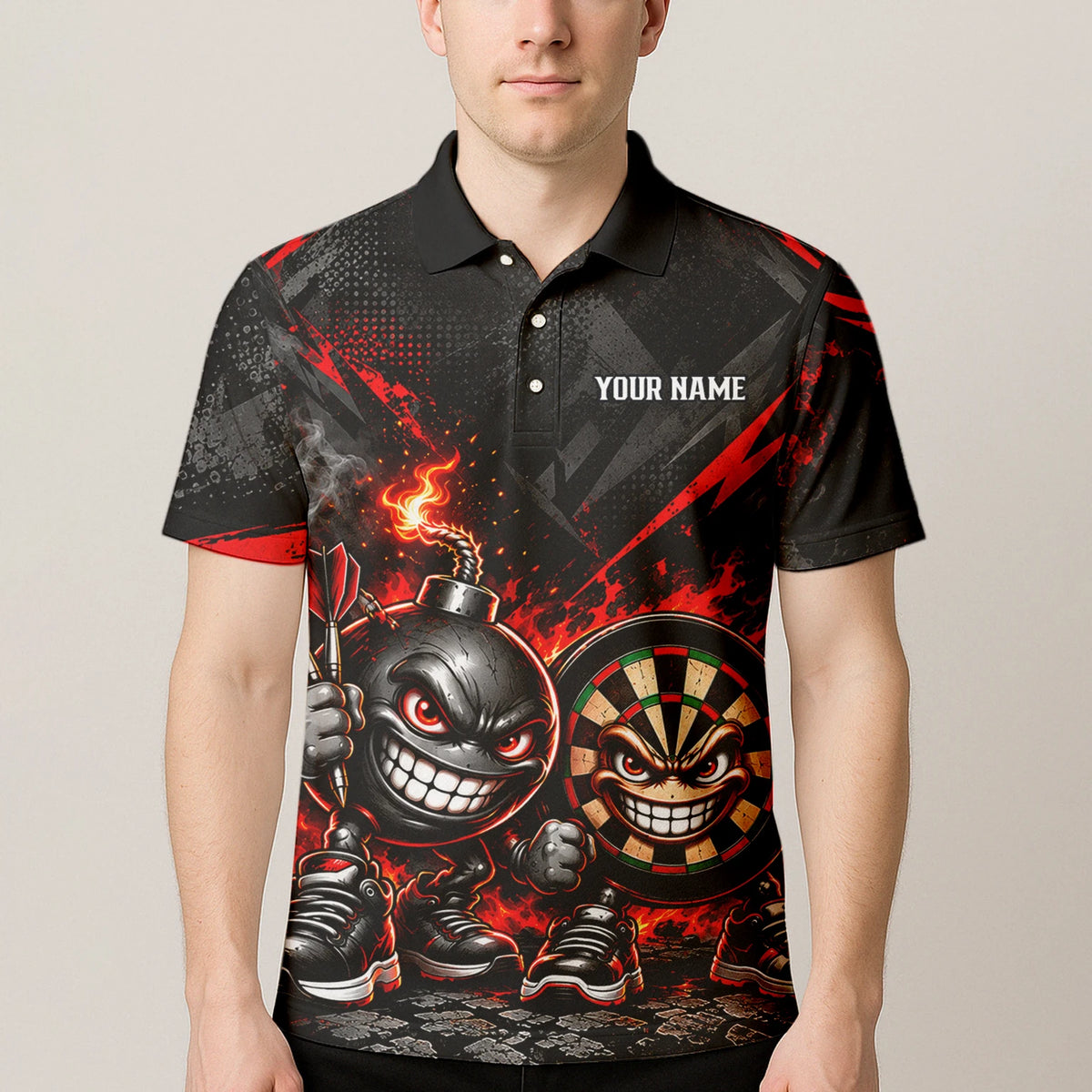 Personalisiertes Dartshirt in Schwarz und Rot mit feurigen Comic-Bomben und Dartscheibe für Herren U4656
