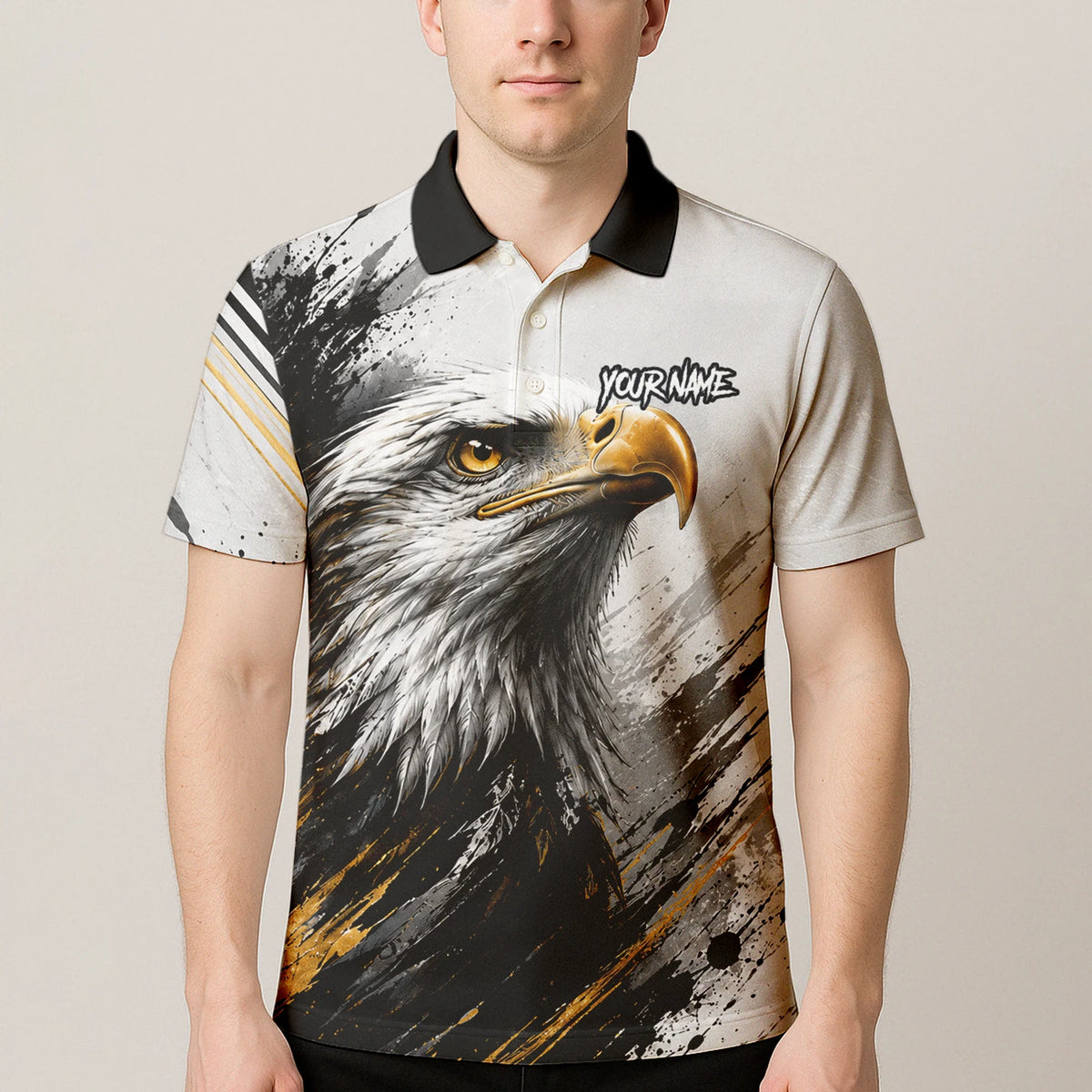 Personalisiertes Dartshirt mit weiß-schwarz-goldenem Weißkopfseeadler für Herren S805