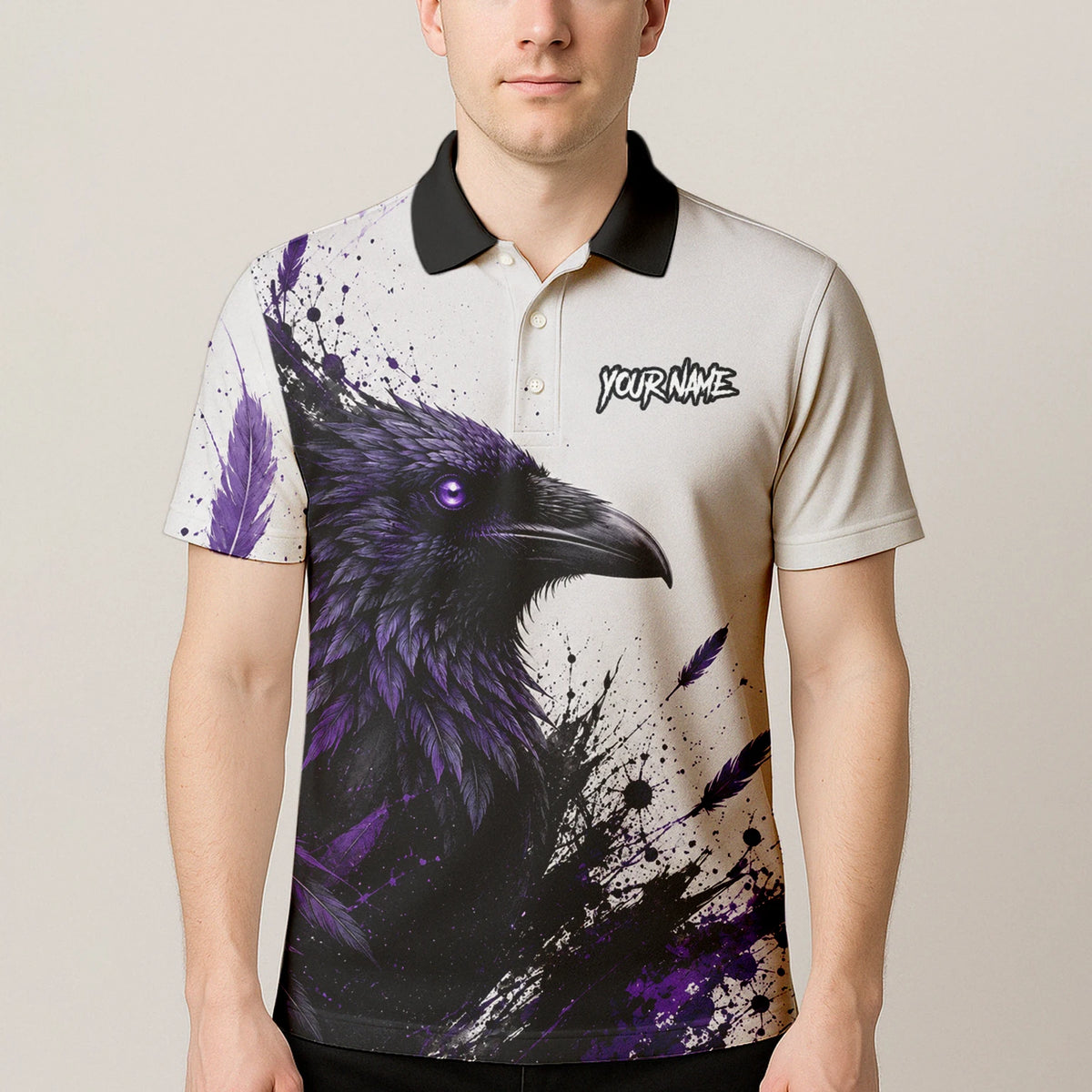 Personalisiertes Dartshirt mit weiß-schwarz-violettem Raben für Herren Z888