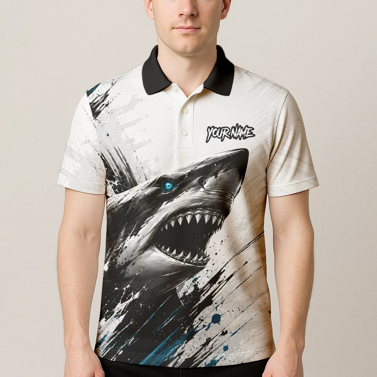Personalisiertes Dartshirt mit weiß-schwarz-türkisem Hai für Herren D067
