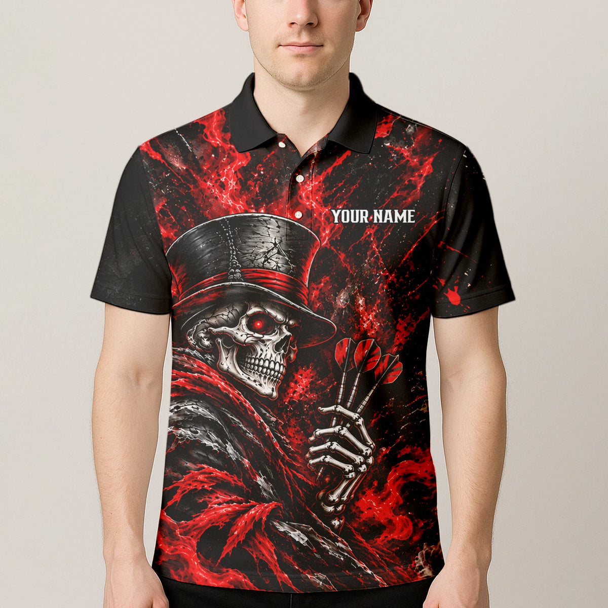 Personalisiertes Dartshirt in Schwarz und Rot mit Skelett, Zylinder, Dartpfeilen und Dartscheibe für Herren R5016