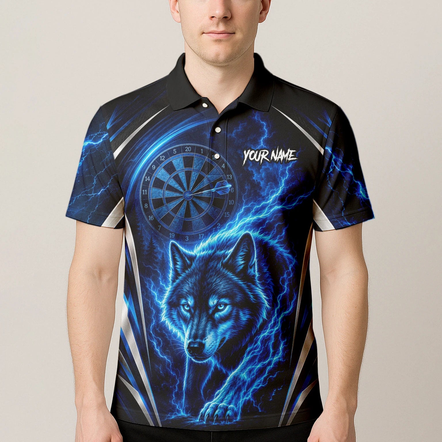 Personalisiertes Schwarz-blaues Wolf-Blitz-Dartshirt für Herren X929