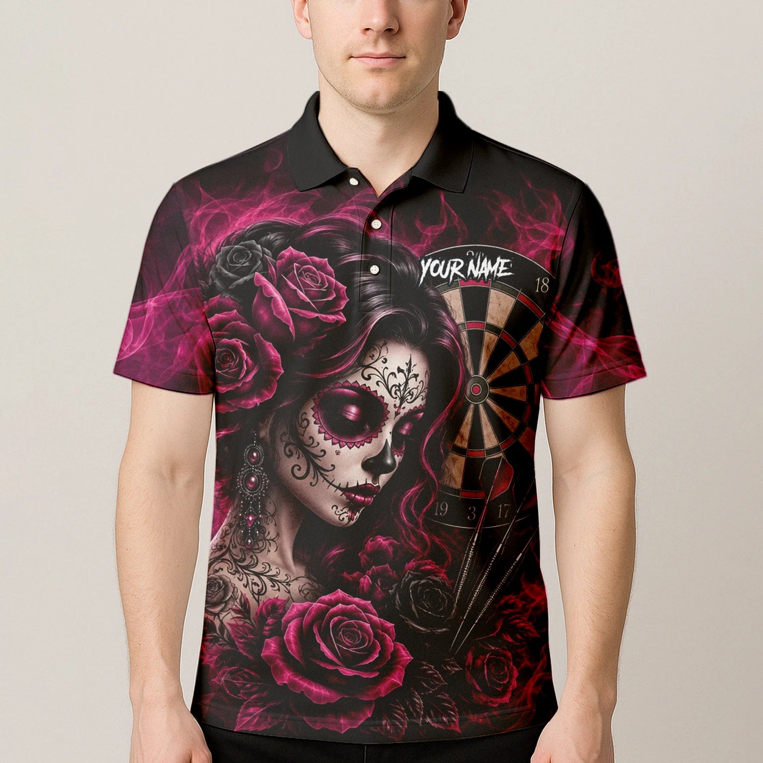 Personalisiertes Schwarz-pink Sugar-Skull-Rosen-Dartshirt für Herren Z109