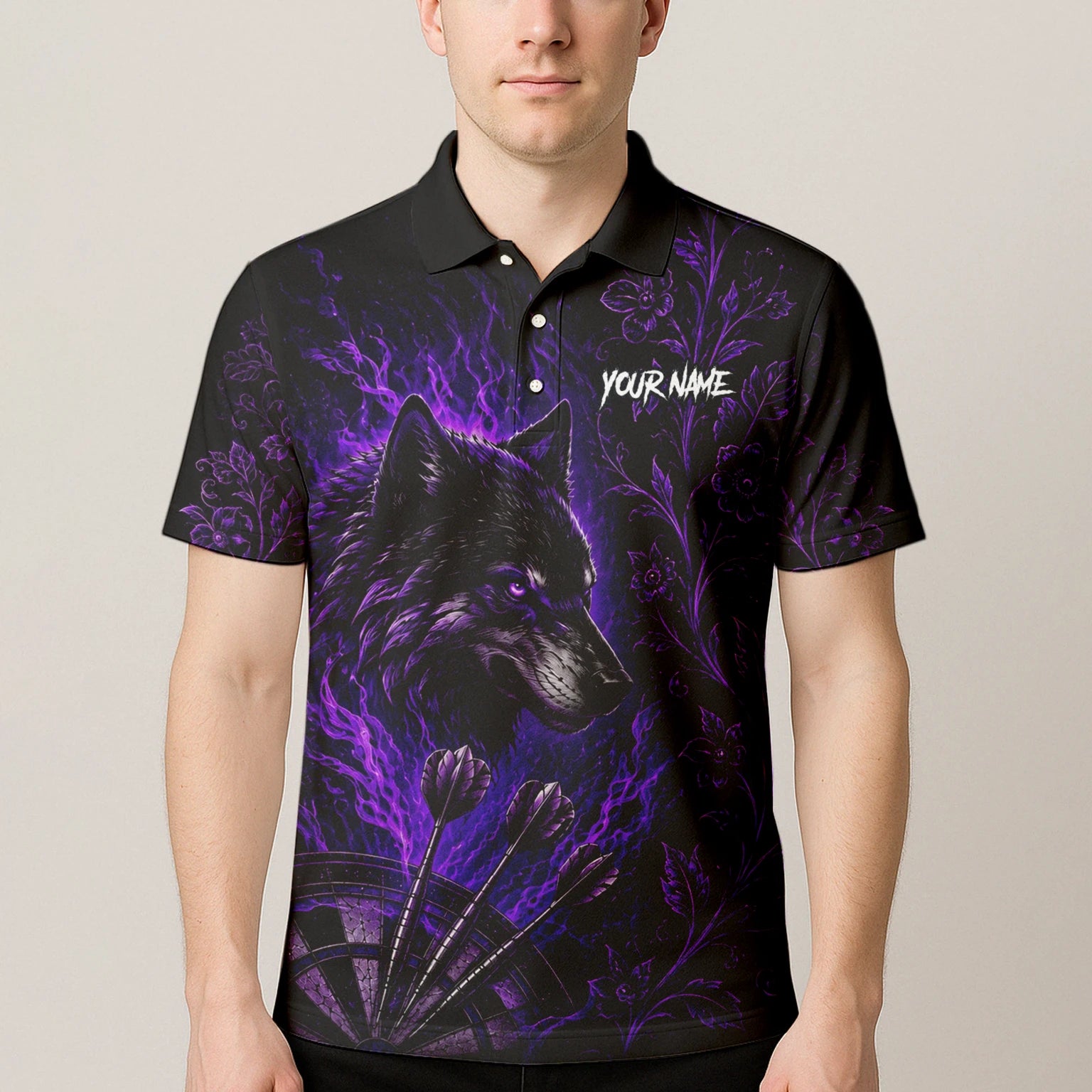 Personalisiertes Schwarz-lila Wolf-Dartboard Dartshirt für Herren J133