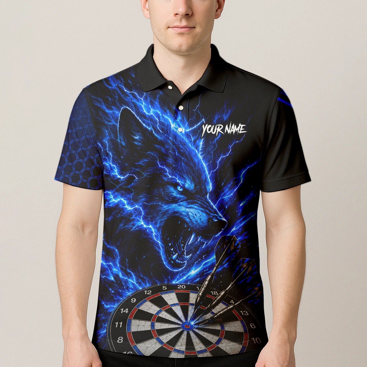 Personalisiertes Schwarz-blaues Wolf-Blitz-Dartshirt für Herren Y375