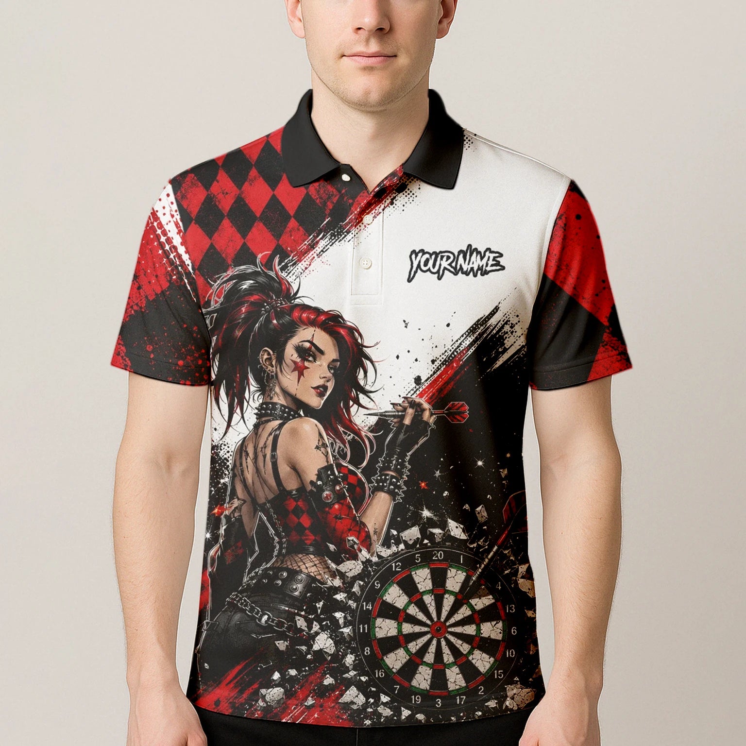 Personalisiertes Rot-schwarzes Gothic-Harlekin Dart Poloshirt für Herren K572