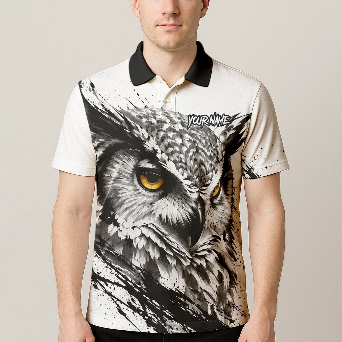 Personalisiertes Dartshirt mit weiß-schwarz-gelber Eule für Herren P128