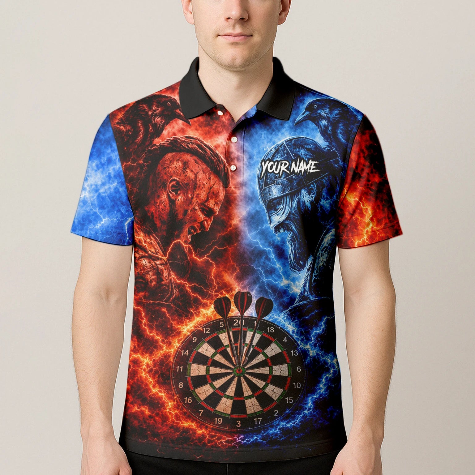 Personalisiertes Rot-blaues Wikinger-Dartshirt für Herren I920