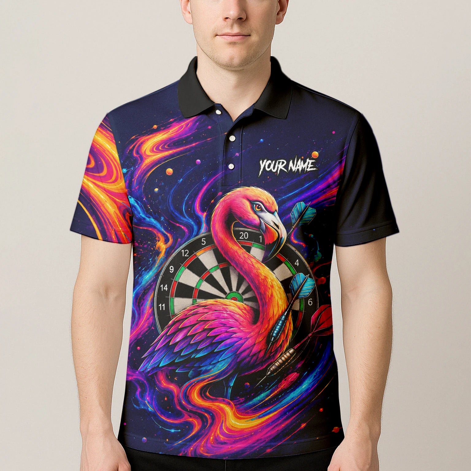 Personalisiertes Neon-Flamingo-Galaxie Dart Poloshirt für Herren D064