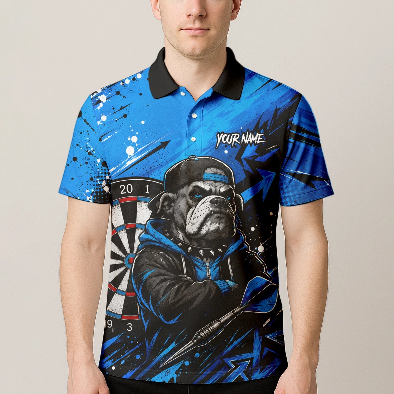 Personalisiertes Blau-schwarzes Bulldoggen-Dartshirt für Herren D529