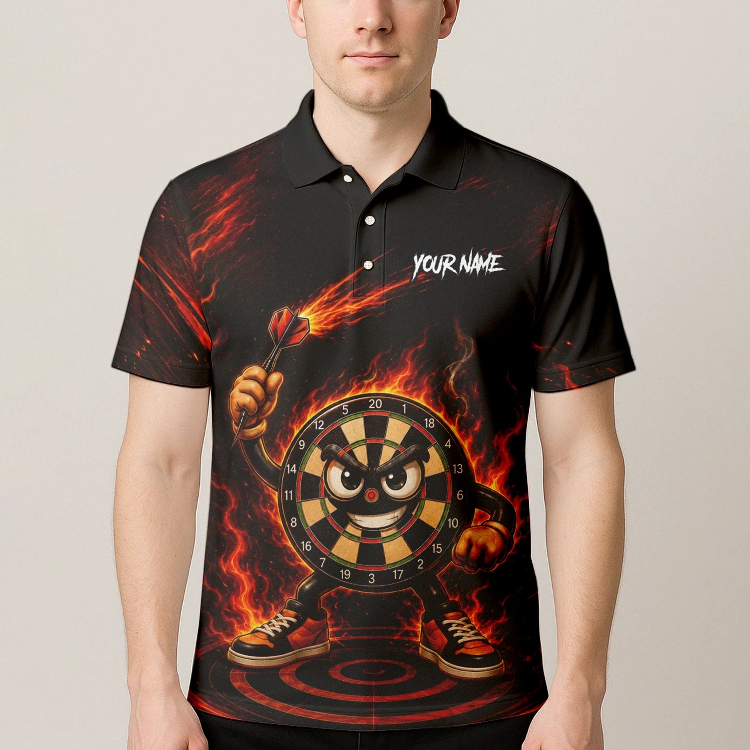 Personalisiertes Schwarz-rotes Flammen-Dartboard-Dartshirt für Herren W224