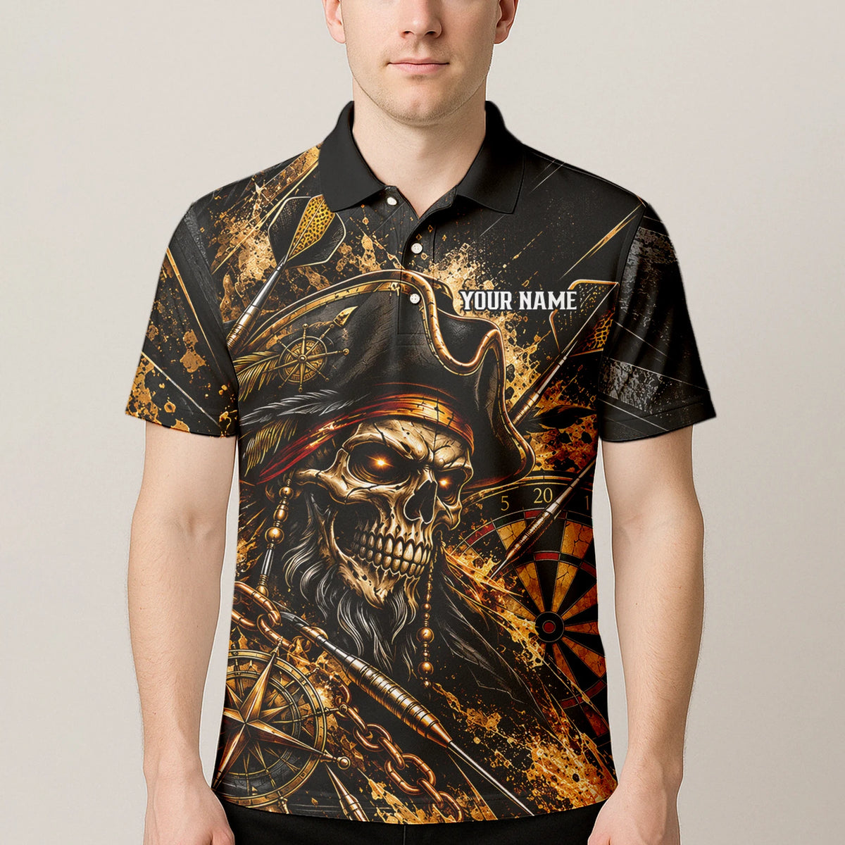 Personalisiertes Dartshirt in Schwarz und Gold mit Piraten-Totenkopf und Dartscheibe für Herren X7403
