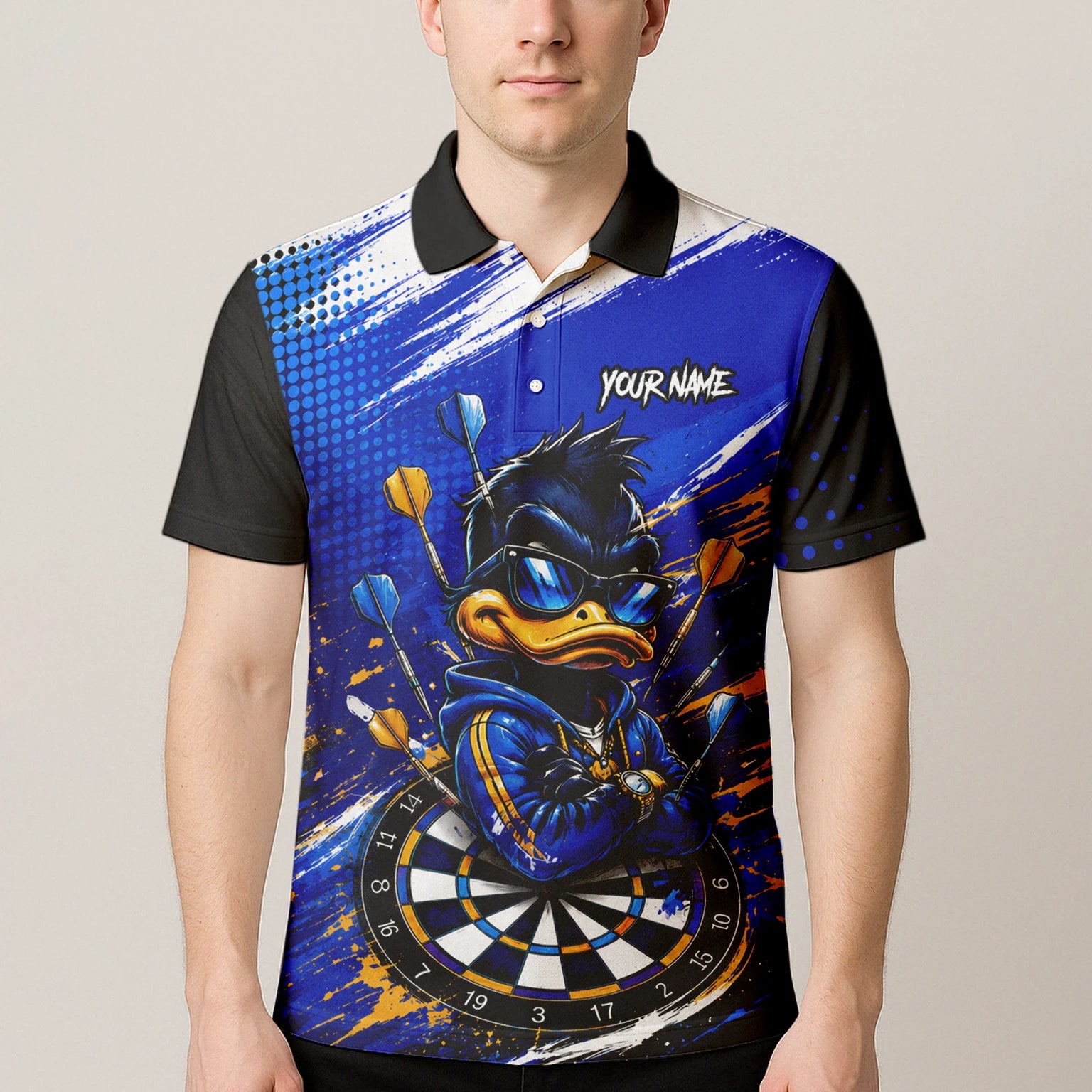 Personalisiertes Blau-goldenes Enten Dart Poloshirt für Herren L859