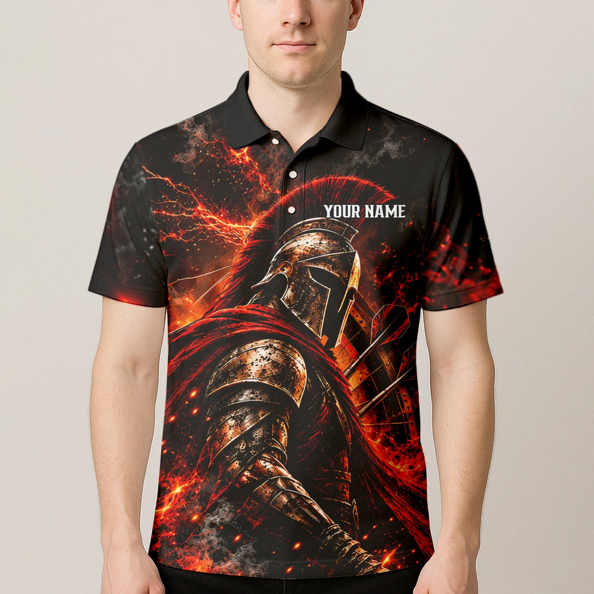 Personalisiertes Dartshirt in Schwarz, Rot und Orange mit Spartanerhelm, Flammen und Dartscheibe für Herren Z3444
