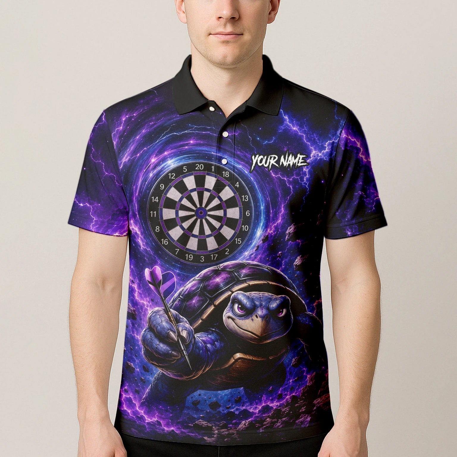 Personalisiertes Lila-schwarzes Schildkröten-Dartshirt für Herren F796