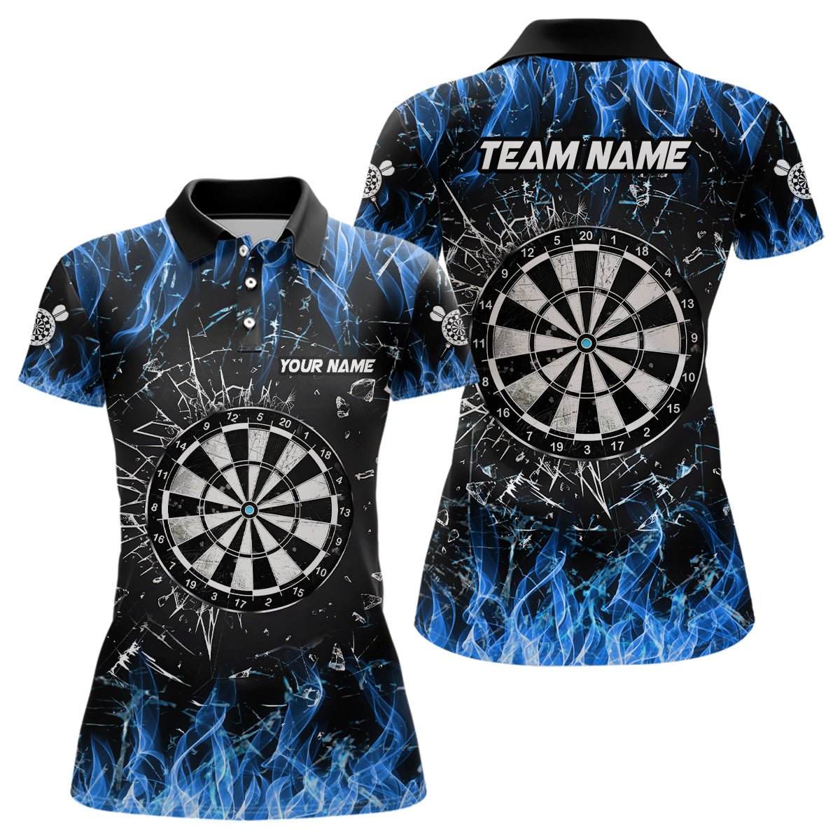 Benutzerdefinierte Damen Blue Fire Glass Break Dart Team Shirts V1193 - Outfitsuche