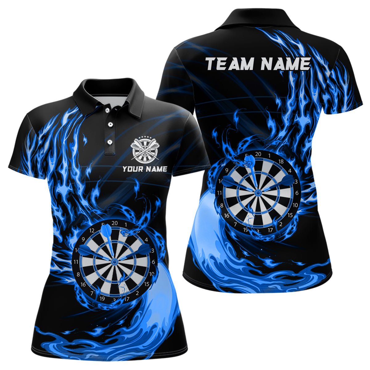 Blau Feuer Dartboard Damen Darts Polo Shirt | Personalisiertes Darts Shirt für Frauen | Dart Trikots | L1472 - Outfitsuche