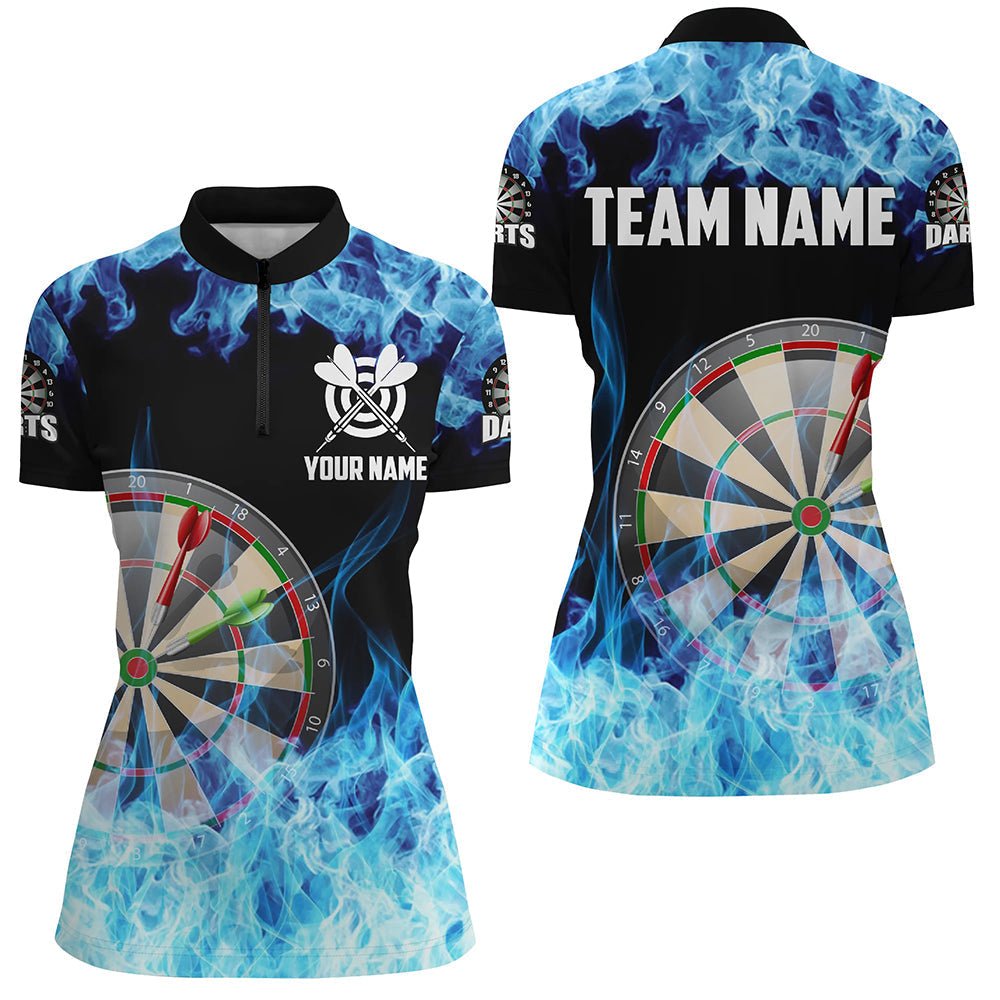 Blau Feuer Flamme Dartboard Damen Darts Viertel-Zip Individuelle Darts Hemden für Team Dart Trikots T1227 - Outfitsuche