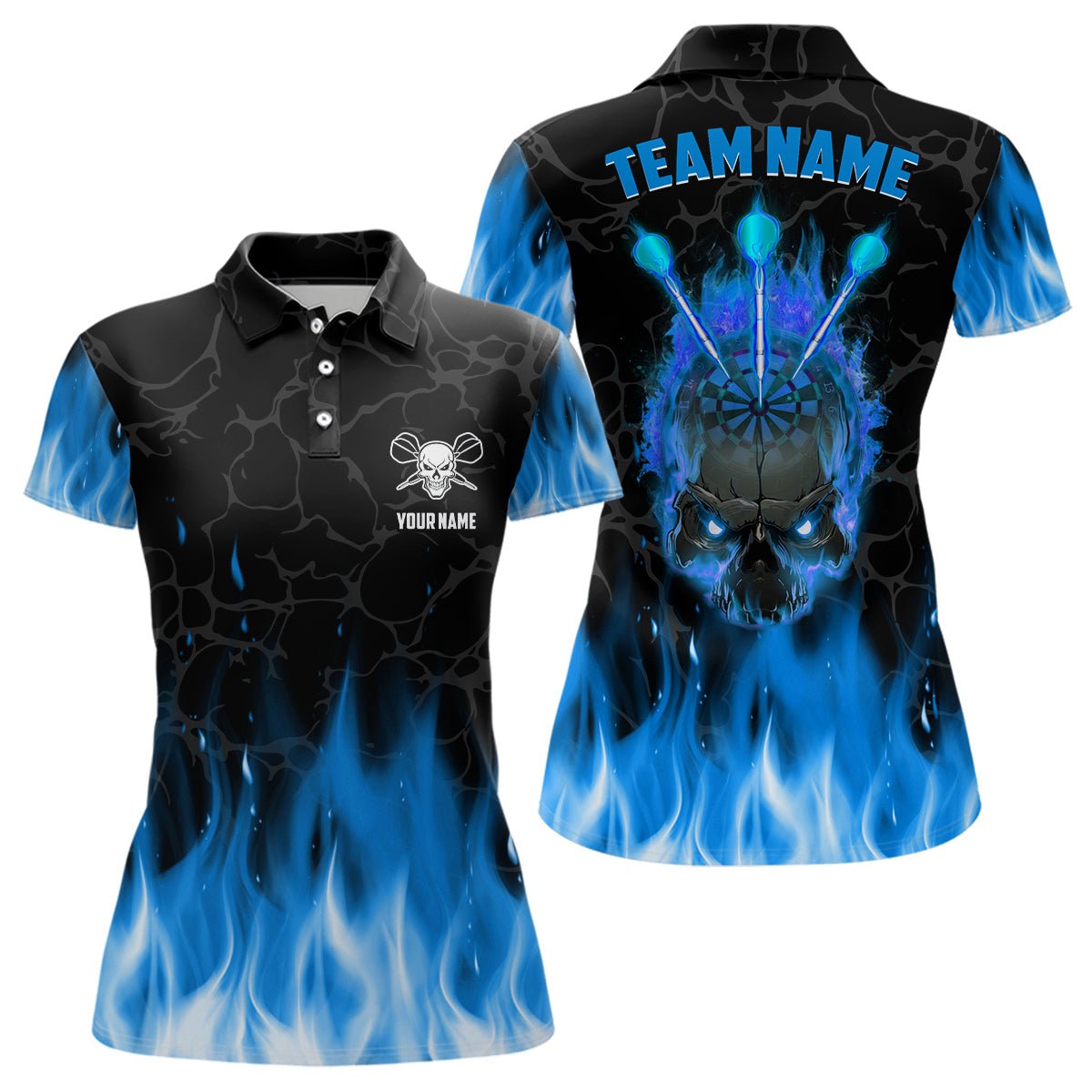 Blau Flammen Schädel Damen Darts Polo Shirt | Personalisiertes Gruseliges Darts Shirt für Frauen | Dart Trikots | L1422 - Outfitsuche