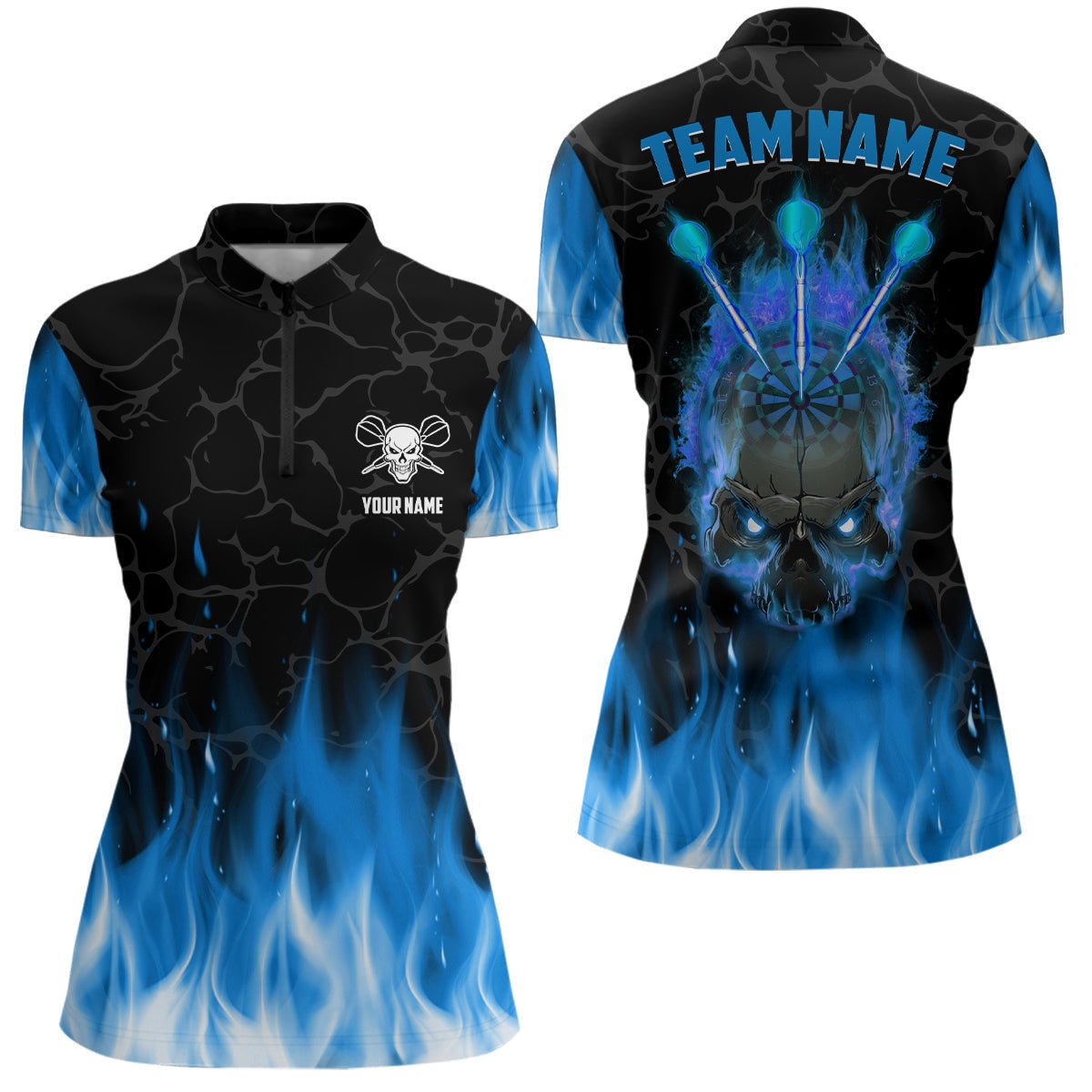 Blau Flammen Schädel Darts Viertelreißverschluss Shirt | Personalisiertes Gruseliges Darts Shirt für Damen | Dart Trikots L1422 - Outfitsuche