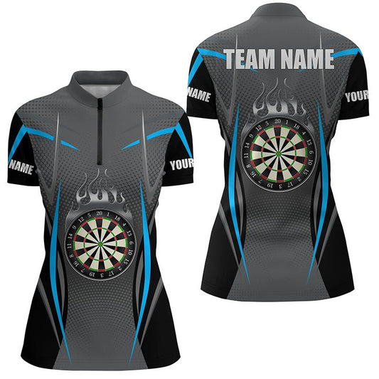 Blau Graues Sportliches Darts Quarter-Zip-Shirt | Personalisiertes Darts-Shirt für Damen | Dart Trikots | L1382 - Outfitsuche