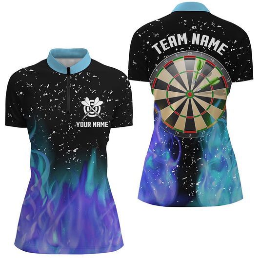 Blau und Lila Feuer Dartboard Damen Darts Viertel-Zip Shirts - Personalisierte Dart Trikots für Team T1212 - Outfitsuche