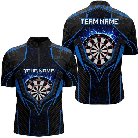 Blauer Blitz Donner Darts Viertelreißverschluss Hemden Personalisiertes Darts Hemd für Herren Dart Trikots L1398 - Outfitsuche