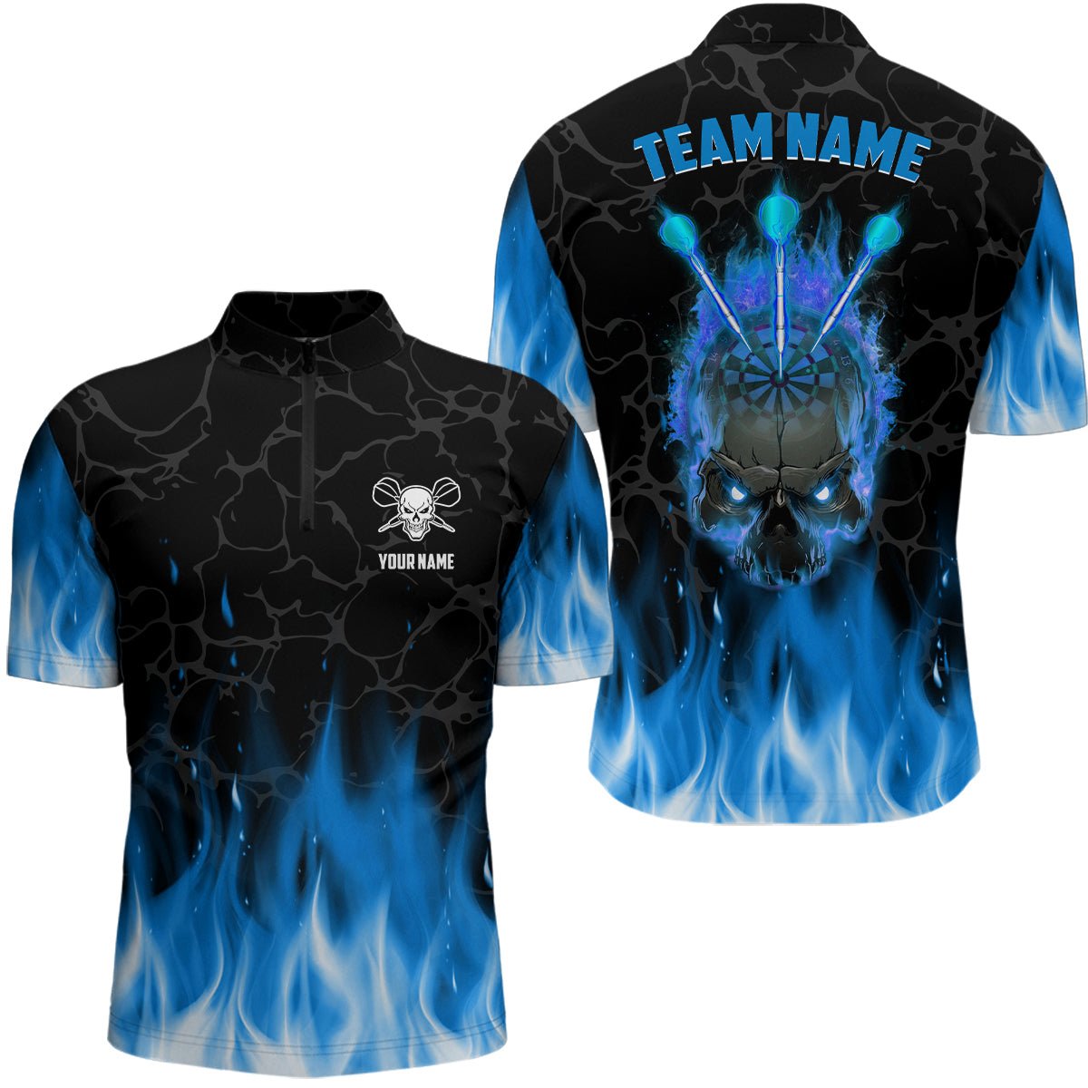 Blauer Flammenschädel Darts Viertelreißverschluss-Shirt | Personalisiertes Gruseliges Darts-Shirt für Herren | Dart Trikots L1422 - Outfitsuche