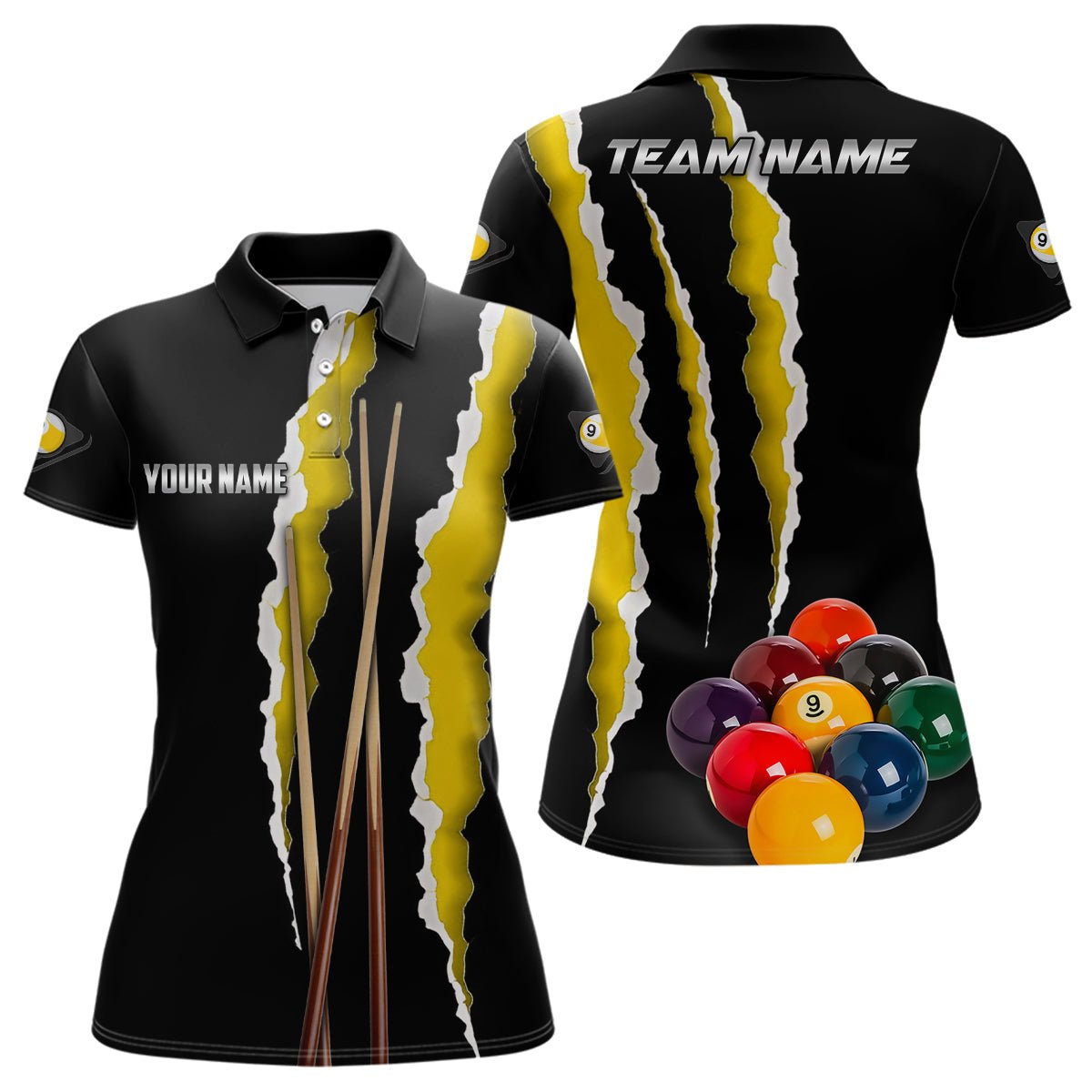 Damen Billiardshirt in Gelb und Schwarz mit 9 - Ball - Motiv T1856 - Outfitsuche